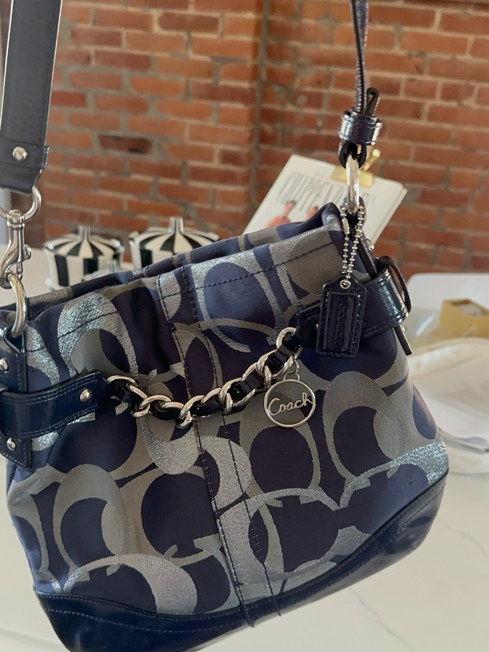 Coach Metallic Silver & Navy Signature Chain-Accent Shoulder Bag